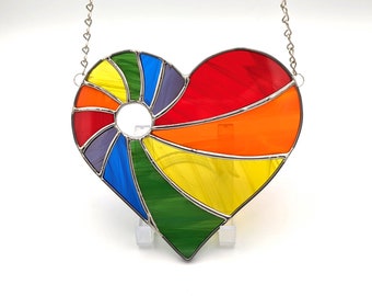 Rainbow swirl heart handmade stained glass suncatcher - 6.5" x 6"