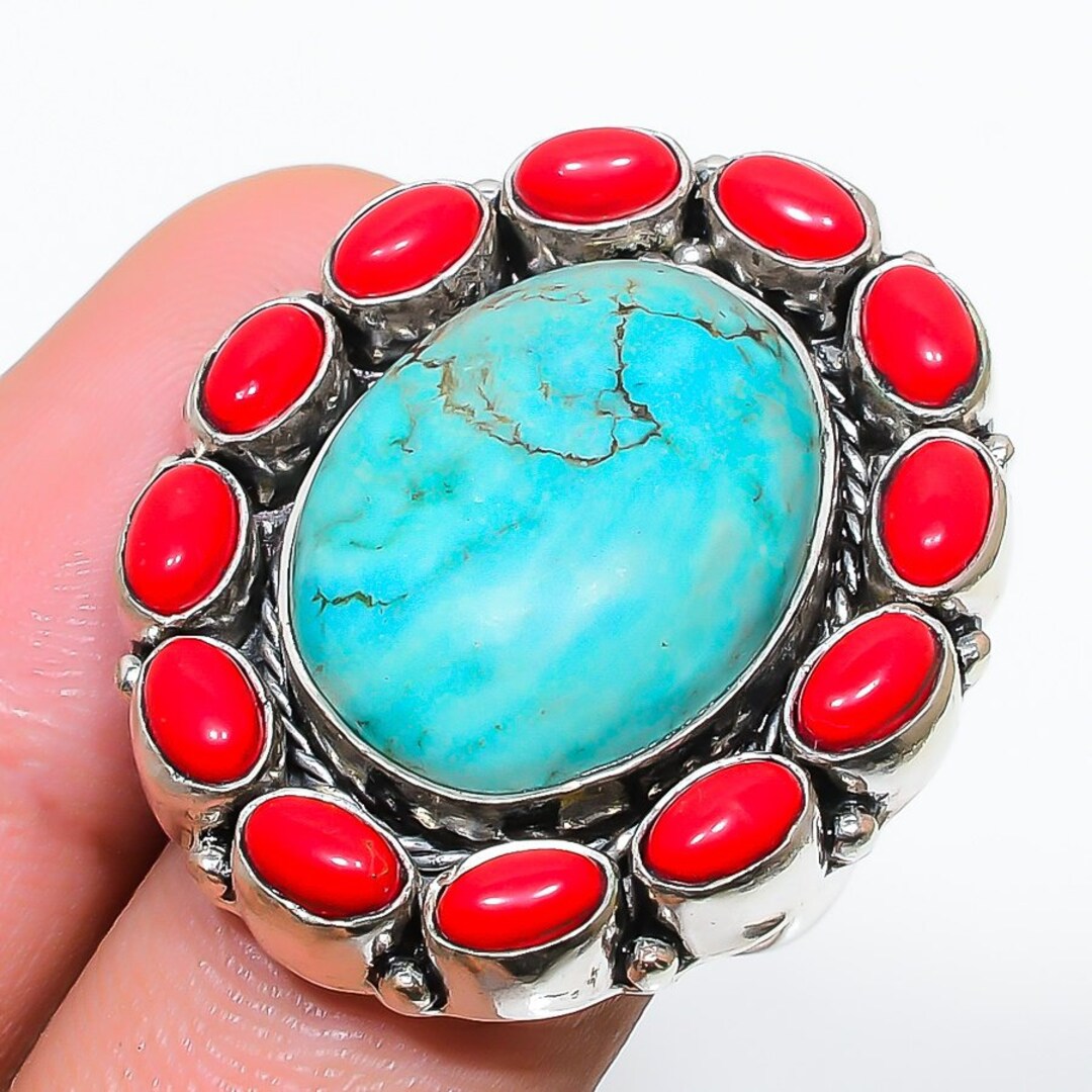 Multistone Oval Nepali Ring Tibetan Coral Ring Tablet Ring Etsy