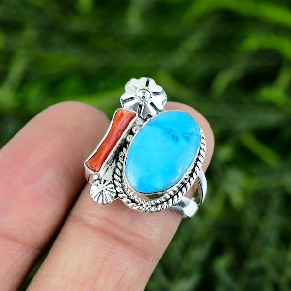 Tibetan Turquoise With Red Coral Ring Handmade Jewelry Ring Vintage Style Nepali Tribal Adjustable Unisex Ring Christmas Gift