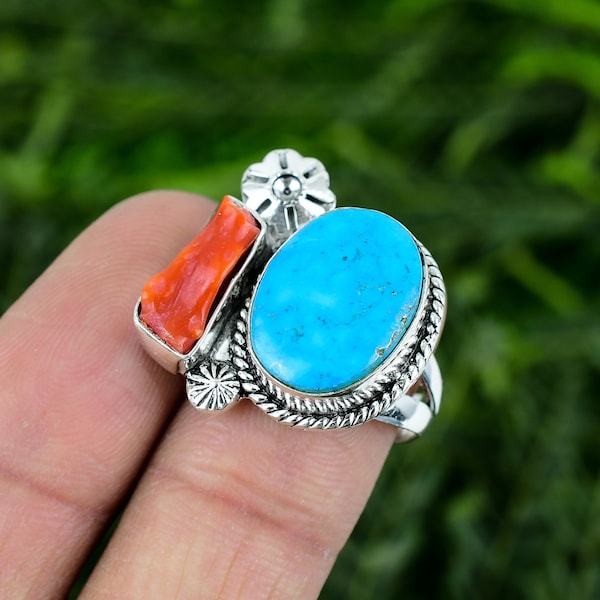 Tibetan Turquoise With Red Coral Ring / Adjustable Bohemian Jewelry Ring / Anniversary Jewelry Ring / Handmade Jewelry / Gift For Her