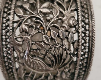 Vintage Metal Hinged Cuff Bracelet Peacock Flowers Open Work Chunky