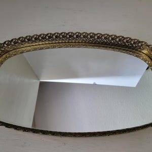 Vintage Oval Gold Filigree Dresser Vanity Tray Mirror Flowers Vines