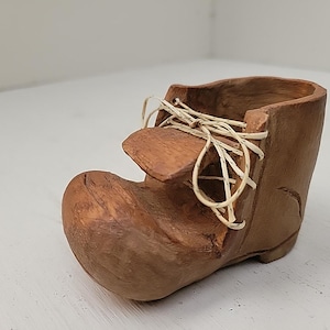 Vintage Folk Art Wood Carved Shoe with Laces
