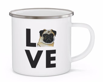 Personalized Pug dog enamel camping mug with name. Free Shipping