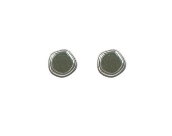 Vintage 1980s Silver Plated Dark Olive Green Swirl Effect Round Hexagon Medium Stud Earrings