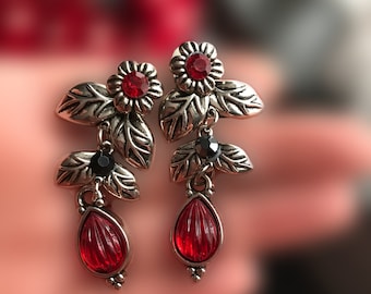 Vintage 1990's Silver Plated Red Black Crystal Rhinestones Teardrop Leaf Flower Floral Leaf Large Clip On Earrings