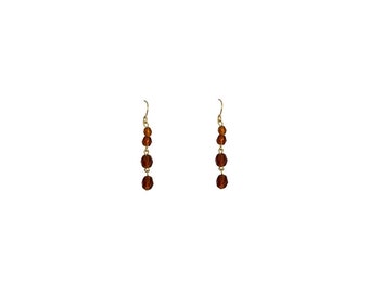 Gold Tone Brown Crystal Bead Round Circle Handmade Dangly Dangle Drop Elegant Small Hook Earrings