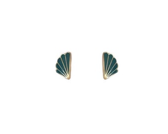 Vintage 1980s Gold Tone Teal Scalloped Fan Art Deco Style Small Elegant Classic Stud Earrings