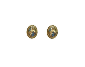 Vintage 1950s Gold Tone Woman Blue Dress Portrait Oval Shiny Smooth Classic Medium Stud Earrings