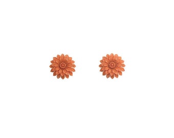 Vintage 1950's Silver Plated Terracotta Orange Floral Flower Medium Statement Colourful Clip On Earrings