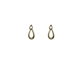 Vintage 1990's Gold Plated Round Two Teardrop Hoop Openwork Cut Out Elegant Chic Dangly Dangle Drop Small Retro Stud Earrings