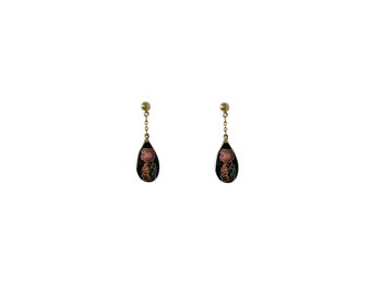 Vintage 1990's Gold Plated Black Pink Green Floral Flower Leaf Round Teardrop Dangly Drop Elegant Small Stud Earrings