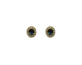 Vintage 1990's Gold Plated Dark Sapphire Blue Clear Crystal Rhinestones Round Oval Lightweight Elegant Chic Small Stud Earrings