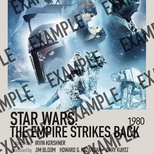 Pu&ograve; includere: Un poster di film in stile retr&ograve; per Star Wars: L'Impero colpisce ancora. Il poster presenta uno sfondo blu e bianco con immagini di personaggi del film, tra cui Luke Skywalker, la principessa Leia, Han Solo e Darth Vader. Il testo "Star Wars: L'Impero colpisce ancora" &egrave; in grandi caratteri grassetto nella parte superiore del poster. L'anno 1980 &egrave; stampato nell'angolo in alto a destra. Il poster include anche i nomi del regista, dei produttori e degli attori.