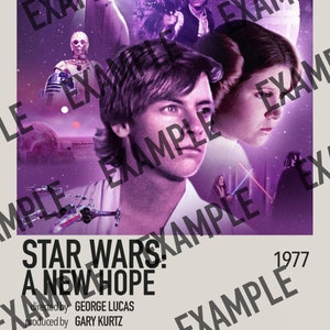 Pu&ograve; includere: Un poster viola e bianco per il film Star Wars: Una nuova speranza. Il poster presenta i personaggi principali del film, tra cui Luke Skywalker, la principessa Leia, Han Solo, Chewbacca e Darth Vader. Il testo sul poster recita "Star Wars: Una nuova speranza", "diretto da George Lucas", "prodotto da Gary Kurtz", "durata 121 minuti", "con Mark Hamill, Harrison Ford, Carrie Fisher, Peter Cushing, Alec Guinness", e "1977".