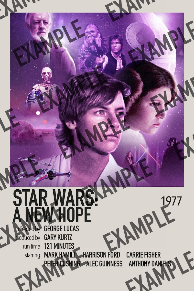 Pu&ograve; includere: Un poster viola e bianco per il film Star Wars: Una nuova speranza. Il poster presenta i personaggi principali del film, tra cui Luke Skywalker, la principessa Leia, Han Solo, Chewbacca e Darth Vader. Il testo sul poster recita "Star Wars: Una nuova speranza", "diretto da George Lucas", "prodotto da Gary Kurtz", "durata 121 minuti", "con Mark Hamill, Harrison Ford, Carrie Fisher, Peter Cushing, Alec Guinness", e "1977".