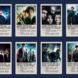 May include: Eight film posters from the Harry Potter series are displayed. Each poster shows a different movie title, year, and cast. The posters have a dark blue background and a white border.
