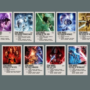 Pu&ograve; includere: Un set di nove poster di film minimalisti per il franchise di Star Wars. Ogni poster presenta un titolo di film diverso e l'anno di uscita, insieme a un'immagine stilizzata del film. I poster sono disposti in una griglia, con il primo film, "Star Wars: Una nuova speranza", nell'angolo in alto a sinistra e l'ultimo film, "Star Wars: L'ascesa di Skywalker", nell'angolo in basso a destra.