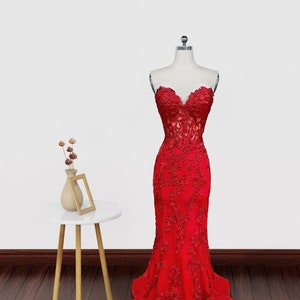 Sweetheart Neck Red Lace Mermaid Long Prom Dresses, Red Lace Mermaid Formal Graduation Dresses