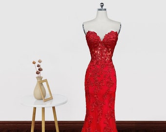 Sweetheart Neck Red Lace Mermaid Long Prom Dresses, Red Lace Mermaid Formal Graduation Dresses