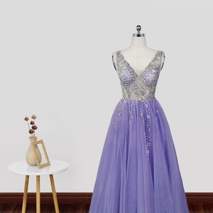 A Line V Neck Purple Beaded Long Prom Dresses, Purple Formal Evening Dresses with Beading