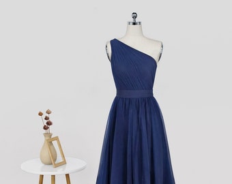 A Line One Shoulder Dark Navy Blue Prom Dresses, Dark Navy Blue Long Formal Evening Dresses
