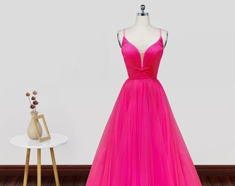 A Line V Neck Backless Hot Pink Tulle Prom Dresses, Hot Pink Open Back Formal Graduation Dresses