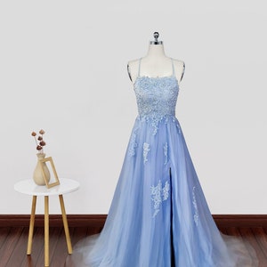 Backless Light Blue Lace Prom Dresses, Open Back Light Blue Lace Formal Homecoming Dresses