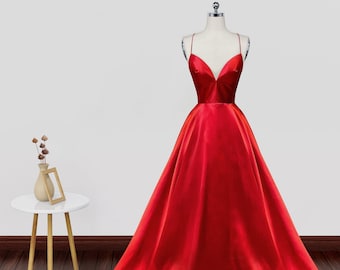 A Line V Neck Backless Red Prom Dresses Long, Open Back Red Satin Long Formal Evening Dresses