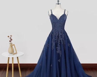 A Line V Neck Dark Navy Blue Lace Prom Dresses, Dark Navy Blue Lace Formal Evening Dresses