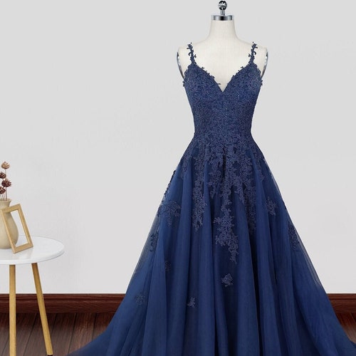 A Line V Neck Dark Navy Blue Lace Prom Dresses Dark Navy Blue Etsy