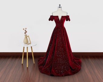 Off the Shoulder Shiny Burgundy Long Prom Dresses, Shiny Wine Red Off Shoulder Formal Evening Dresses