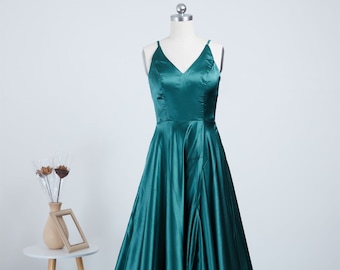 V Neck Emerald Green Long Prom Dresses with Sweep Train, Emerald Green Long Formal Evening Dresses