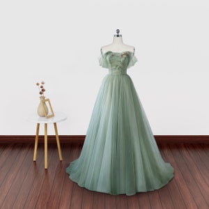 Off the Shoulder Green Floral Long Prom Dresses, Green Floral Long Formal Graduation Dresses