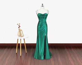 Spaghetti Straps Green Long Prom Dresses with Leg Slit, Spaghetti Straps Green Long Formal Evening Dresses