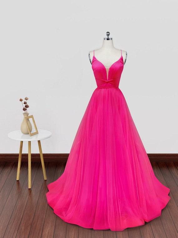 Sheer-Bodice Long Hot Pink Formal Dress