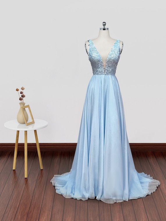 Simple A-line V-neck Stain Prom Dresses, Blue Beaded Prom Dresses With Pocket Simple A-line V-neck Stain Prom Dresses, Blue Beaded Prom Dresses With Pocket