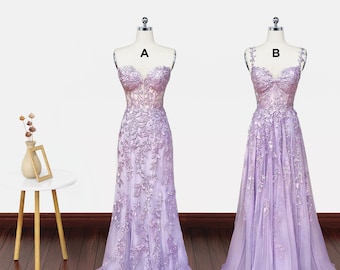 Long Purple Lace Prom Dresses, Long Purple Lace Formal Graduation Dresses