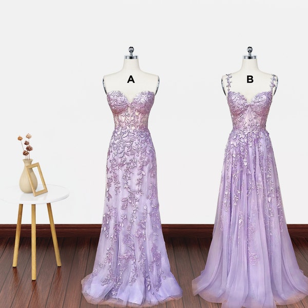 Long Purple Lace Prom Dresses, Long Purple Lace Formal Graduation Dresses