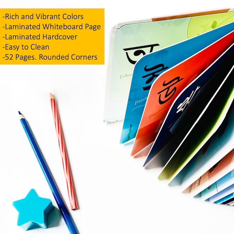 Puede incluir: Un libro infantil colorido con esquinas redondeadas y una p&aacute;gina de pizarra blanca laminada. El libro est&aacute; abierto para revelar p&aacute;ginas con ilustraciones coloridas y texto en bengal&iacute;. El texto de la portada dice "Rich and Vibrant Colors", "Laminated Whiteboard Page", "Laminated Hardcover", "Easy to Clean", y "52 Pages. Rounded Corners".