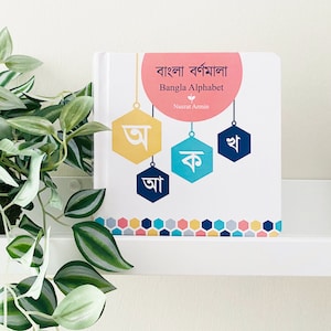 Puede incluir: Un libro titulado "Bangla Alphabet" con la palabra bengal&iacute; para "Bangla Alphabet" encima. La portada del libro presenta un c&iacute;rculo rosa con una planta verde en su interior y cuatro hex&aacute;gonos coloridos con letras bengal&iacute;es colgando de &eacute;l.