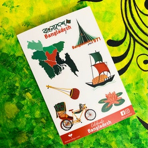Beau thème Bangladesh Autocollants | Carte, Pousse-pousse, Bateau, Lily, Ektara et plus encore | Bengali Art