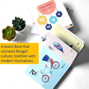 Puede incluir: Un libro de cart&oacute;n para aprender el alfabeto bengal&iacute;, con ilustraciones coloridas de un rickshaw, un toro y otros objetos. El libro se titula "Bangla Alphabet" e incluye el texto "[raw]" y "Rickshaw [rick-sha]" en las p&aacute;ginas.