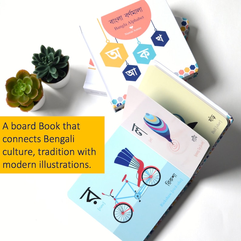 Puede incluir: Un libro de cart&oacute;n para aprender el alfabeto bengal&iacute;, con ilustraciones coloridas de un rickshaw, un toro y otros objetos. El libro se titula "Bangla Alphabet" e incluye el texto "[raw]" y "Rickshaw [rick-sha]" en las p&aacute;ginas.