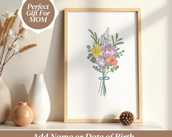 Personligt tryck med födelseblomma och familj | Anpassad bukettkonst (digital nedladdning)