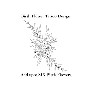 Tatouage de bouquet de fleurs de naissance, ajoutez jusqu'à 6 fleurs