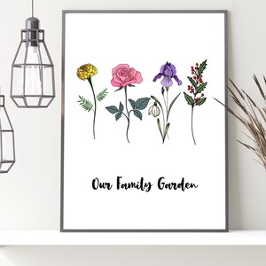 May include: Framed art print featuring botanical illustrations of various flowers, including a yellow marigold, a pink rose, a purple iris, and red berries. The words "Our Family Garden" are written in a script font.