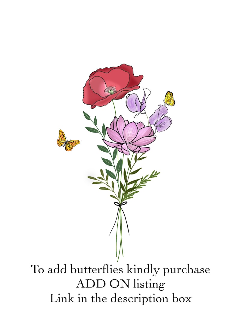 May include: A digital illustration of a floral bouquet featuring a red poppy, pink lotus, and purple sweet peas, tied with a black ribbon. Two yellow butterflies are also included in the design. The image is on a white background.