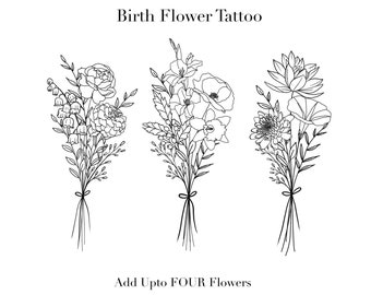 Custom Birth Flower Bouquet, Family Birth Month Tattoo Design, Up to 4 Flowers