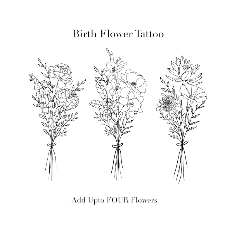 Custom Birth Flower Bouquet, Family Birth Month Tattoo Design, Up to 4 Flowers 